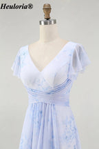 heuloria-Floral V-Neck Flutter Sleeve Bridesmaid Dress with Ruffle Slit-ed-564