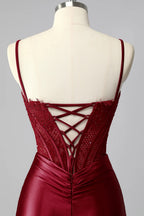 HEULORIA Elegant Burgundy Satin Mermaid Evening Dress with Beaded Corset Bodice and Lace-Up Back ED-578