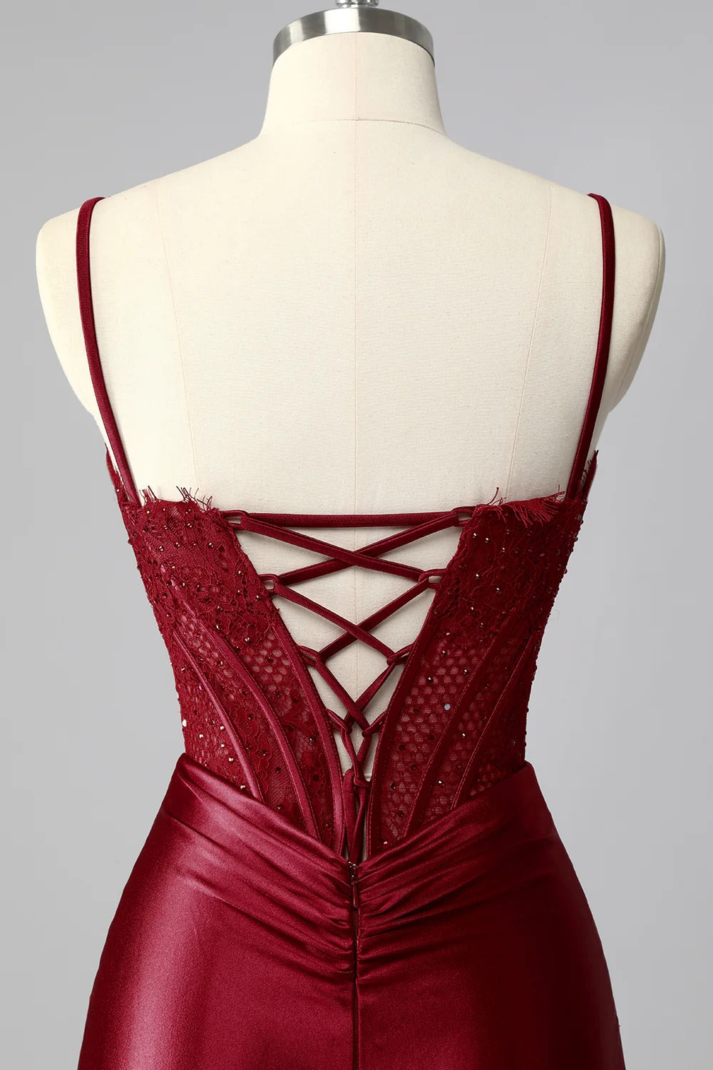 HEULORIA Elegant Burgundy Satin Mermaid Evening Dress with Beaded Corset Bodice and Lace-Up Back ED-578