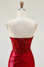 HEULORIA Elegant Red Mermaid Prom Dress with Illusion Lace Corset and High Slit ED-362