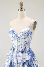 Heuloria Blue & White Floral Tiered Ruffle Maxi Dress - Elegant Spaghetti Strap Corset Prom Gown with Lace-Up Back ED-352