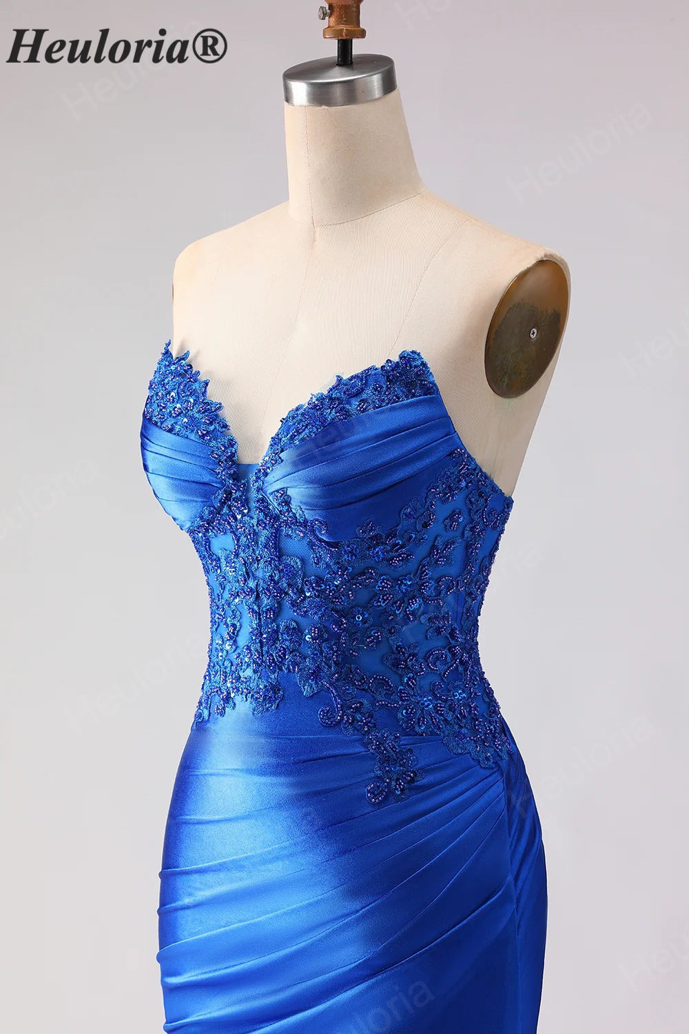 HEULORIA Royal Blue Strapless Mermaid Satin Prom Dress with Lace Appliqué & Thigh Slit ED-655