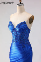 HEULORIA Royal Blue Strapless Mermaid Satin Prom Dress with Lace Appliqué & Thigh Slit ED-655