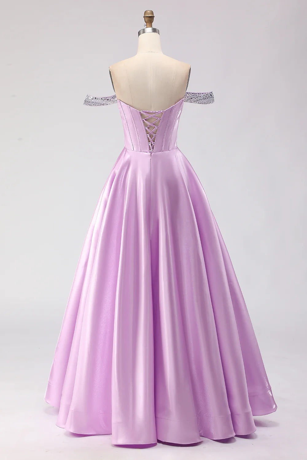 HEULORIA Elegant Lavender Off-The-Shoulder Satin Prom Dress with Sequin Trim and Corset Bodice A-Line Evening Gown ED-500