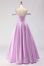 HEULORIA Elegant Lavender Off-The-Shoulder Satin Prom Dress with Sequin Trim and Corset Bodice A-Line Evening Gown ED-500