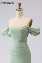 HEULORIA Elegant Off-The-Shoulder Ruched Sage Green Chiffon Mermaid Bridesmaid Dress with Lace-Up Back ED-654