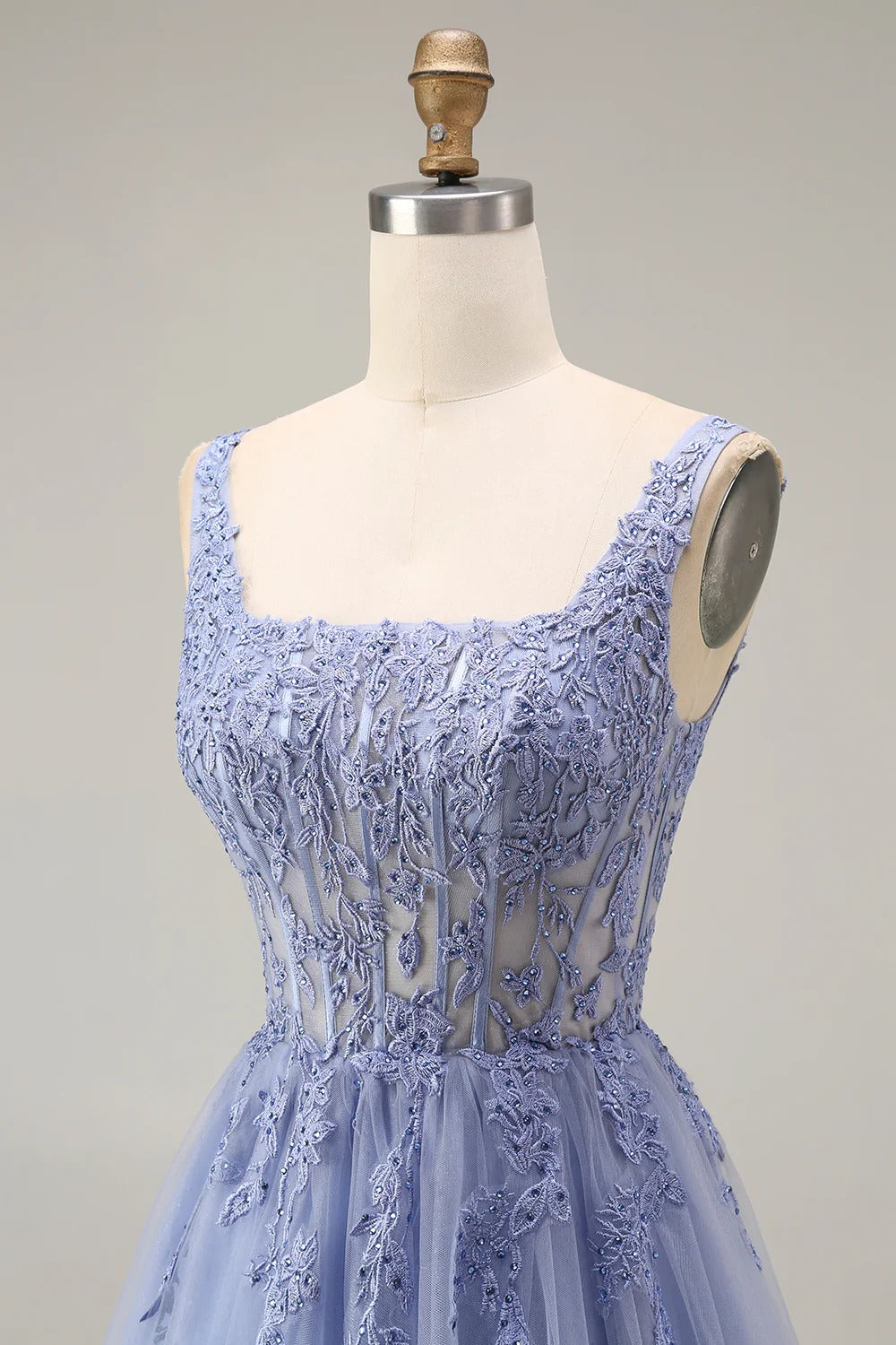Heuloria Romantic Square Neck Lavender Lace A-Line Tulle Prom Dress with Illusion Corset Bodice ED-502