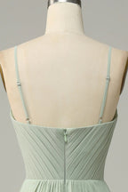 HEULORIA Dusty Sage V-Neck Criss-Cross Pleated Chiffon Maxi Dress - Adjustable Spaghetti Straps Bridesmaid Dress ED-254