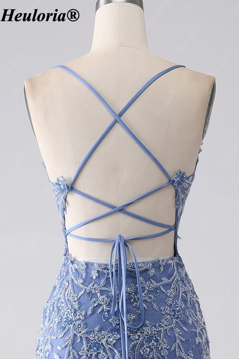 HEULORIA Dusty Blue Lace Mermaid Prom Dress with Tiered Tulle Skirt ED-346