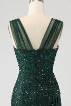 HEULORIA Glamorous Emerald Green Sequin High Slit Evening Gown with Ruched Bodice ED-373