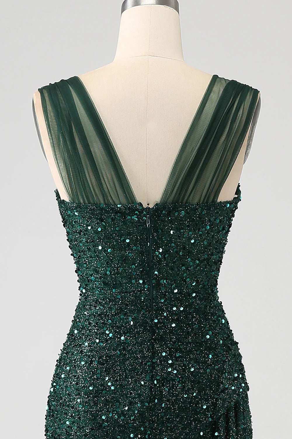 HEULORIA Glamorous Emerald Green Sequin High Slit Evening Gown with Ruched Bodice ED-373