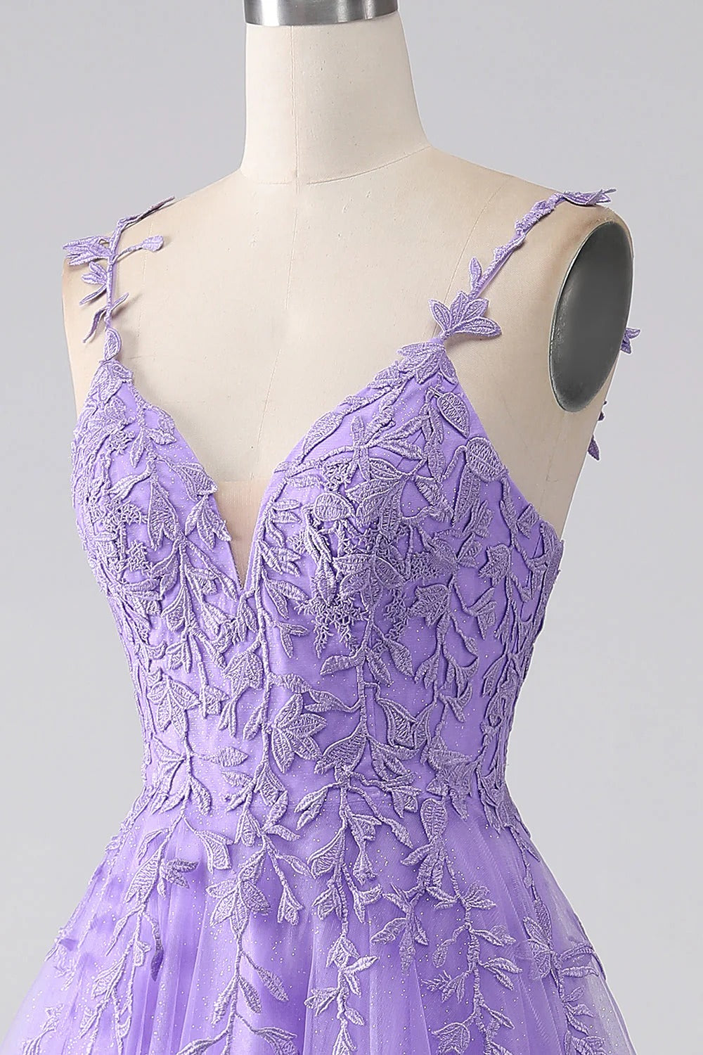 HEULORIA Sparkly Lilac V-Neck Lace Prom Dress - Leafy Embroidery Straps & Corset Back ED-372