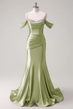 HEULORIA Elegant Ruched Satin Mermaid Evening Gown with Crystal Embellished Straps & Off-the-Shoulder Sleeves ED-349