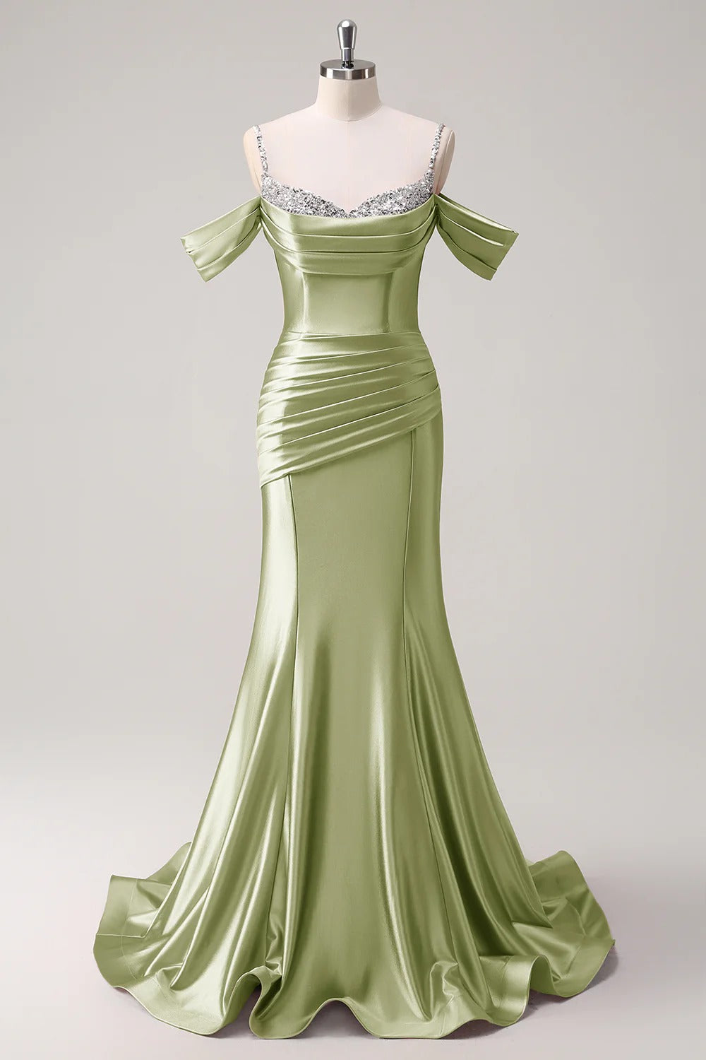 HEULORIA Elegant Ruched Satin Mermaid Evening Gown with Crystal Embellished Straps & Off-the-Shoulder Sleeves ED-349