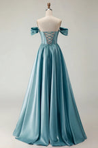HEULORIA Off-the-Shoulder Sequin Beaded Satin Prom Dress with Slit & Corset Back ED-586