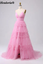 HEULORIA V-Neck Tiered Glitter Tulle Prom Dress with Spaghetti Straps ED-364