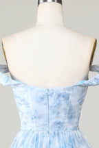 HEULORIA Ethereal Watercolor Floral Off-the-Shoulder Tiered Mini Dress ED-600
