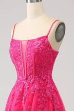 HEULORIA Vibrant Fuchsia Lace Prom Dress - Spaghetti Strap Bodice with High Slit & Corset Back ED-374