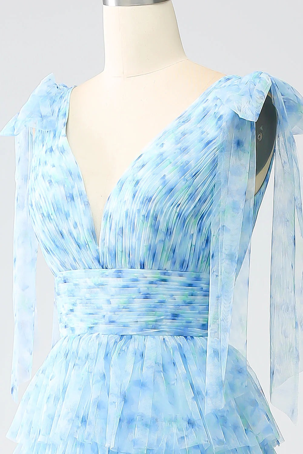 HEULORIA Ethereal Light Blue Floral Print Tiered Tulle Evening Gown with Tie-Up Shoulders ED-580