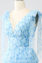 HEULORIA Ethereal Light Blue Floral Print Tiered Tulle Evening Gown with Tie-Up Shoulders ED-580