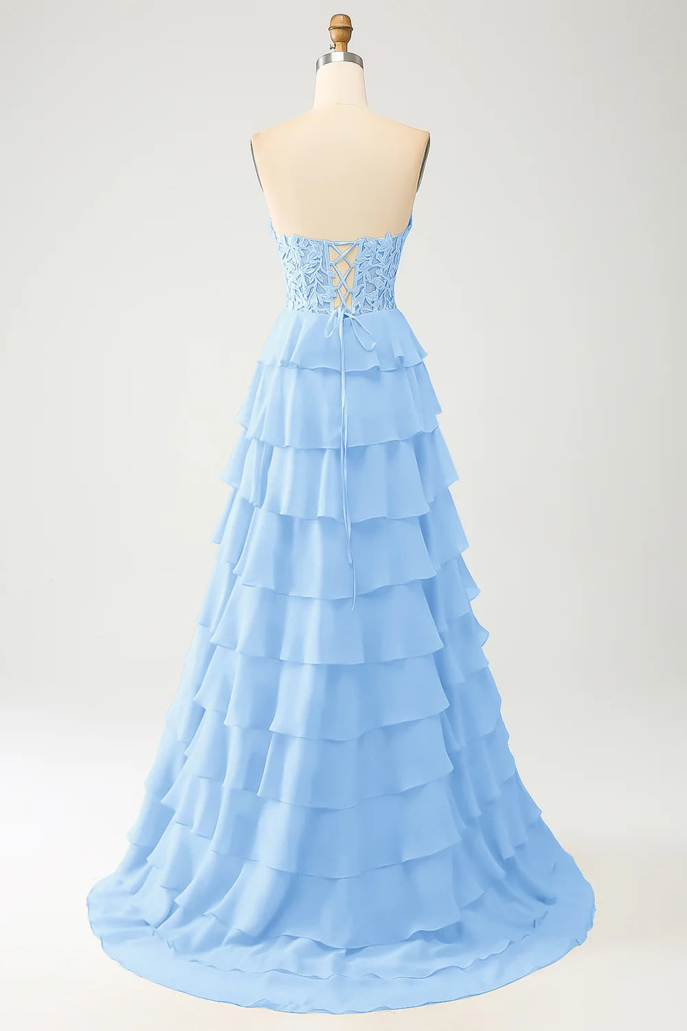 HEULORIA Strapless Sweetheart Lace Bodice Tiered Ruffle Chiffon Prom Gown - Available in Multiple Colors evening dresses ED-235