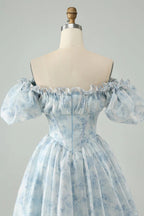 HEULORIA Romantic Floral Puff Sleeve Square Neck Mini Dress with Corset Waist ED-592
