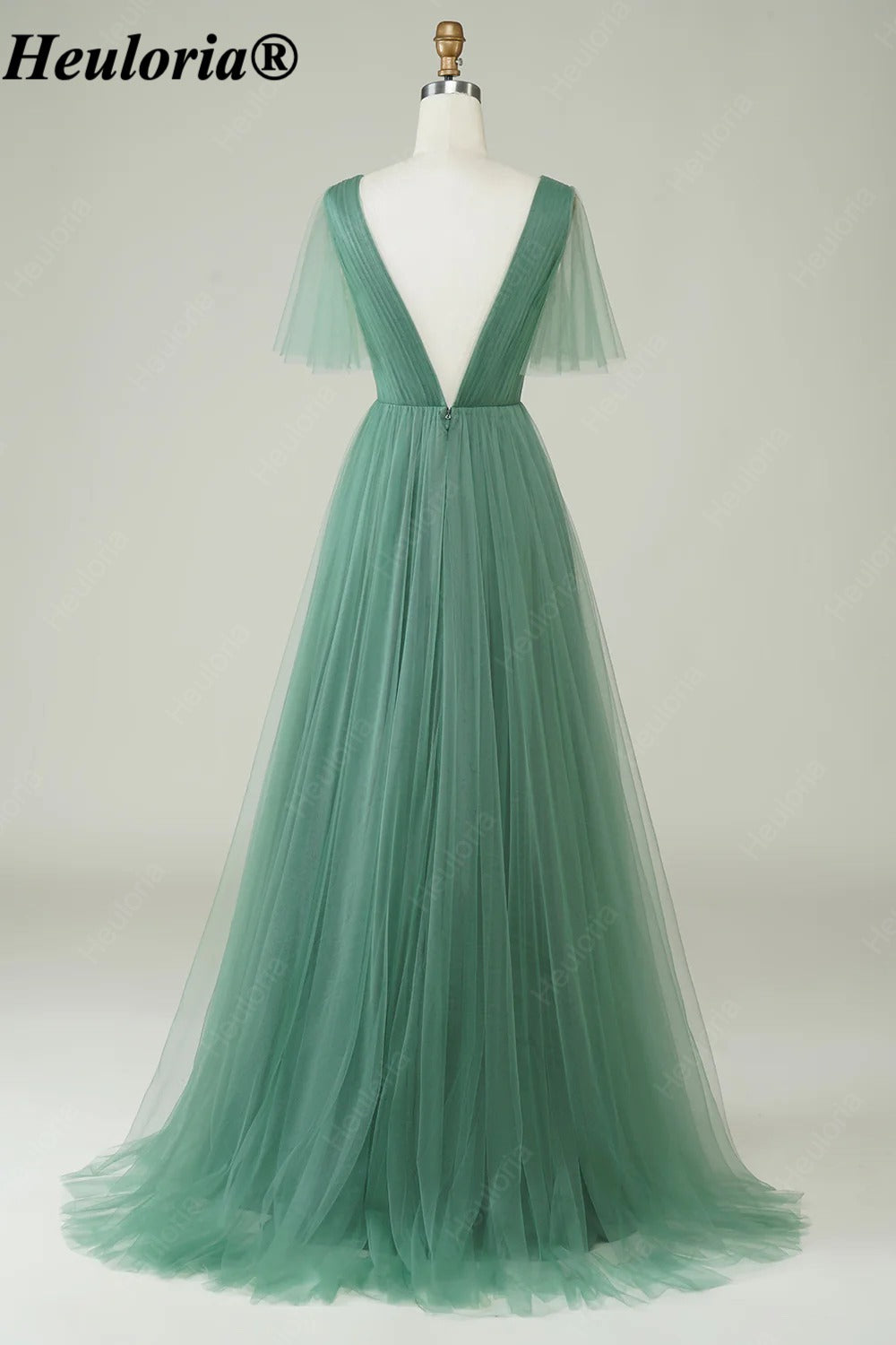 heuloria-Eucalyptus V-Neck Flutter Sleeve Tulle Bridesmaid Dress-ed-551