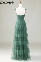 heuloria Eucalyptus Square Neck Tulle Bridesmaid Dress with Ruffle Details ed-550