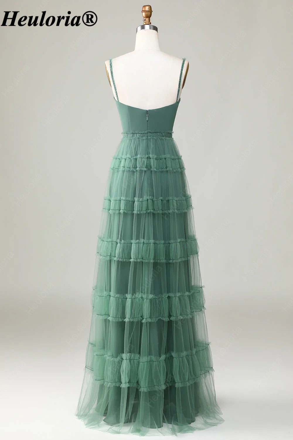 heuloria Eucalyptus Square Neck Tulle Bridesmaid Dress with Ruffle Details ed-550