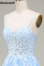 HEULORIA Sky Blue Lace Applique A-Line Tulle Prom Dress with Spaghetti Straps ED-348