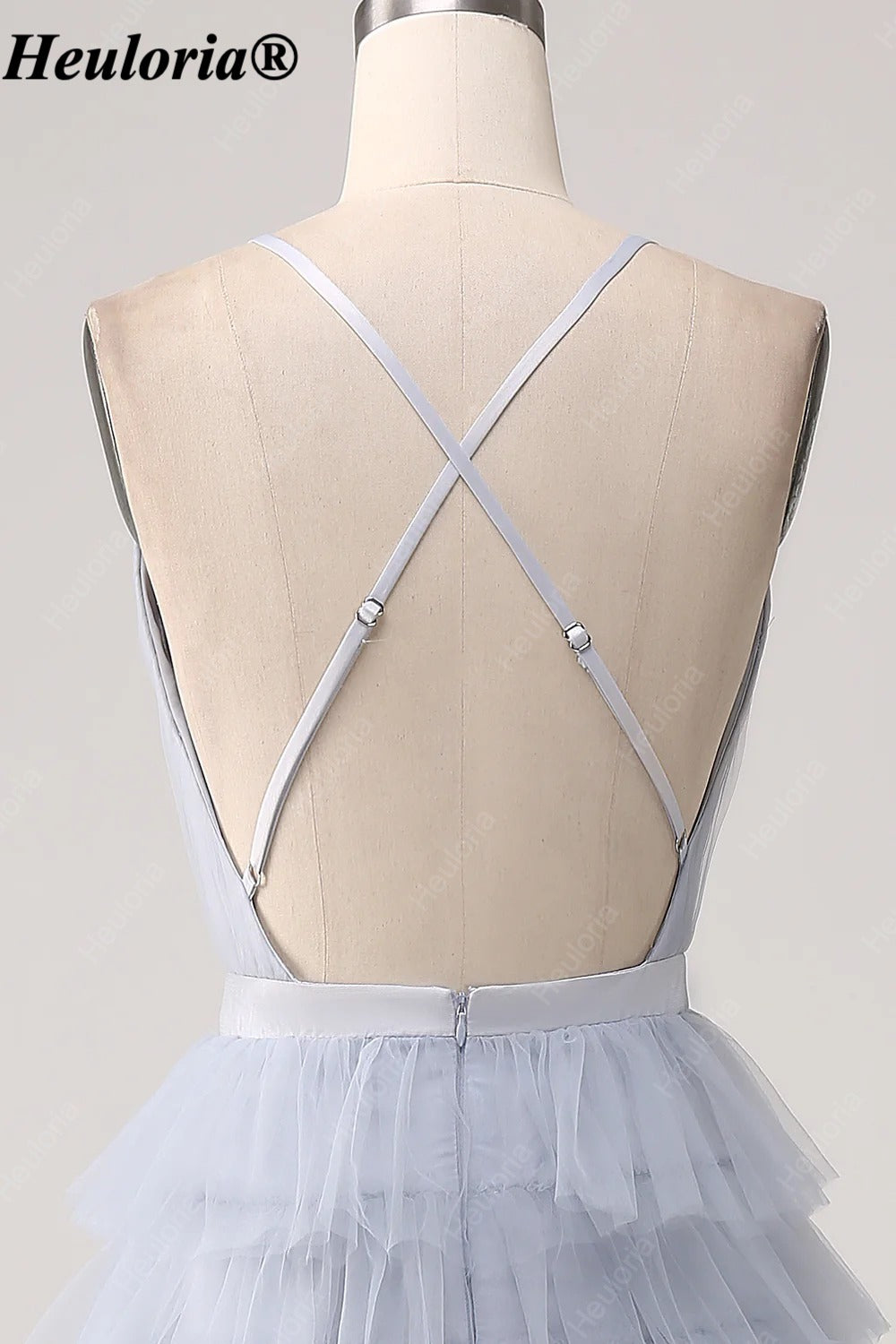 heuloria Dusty Blue V-Neck Tiered Tulle Prom Dress with Open Back ed-583