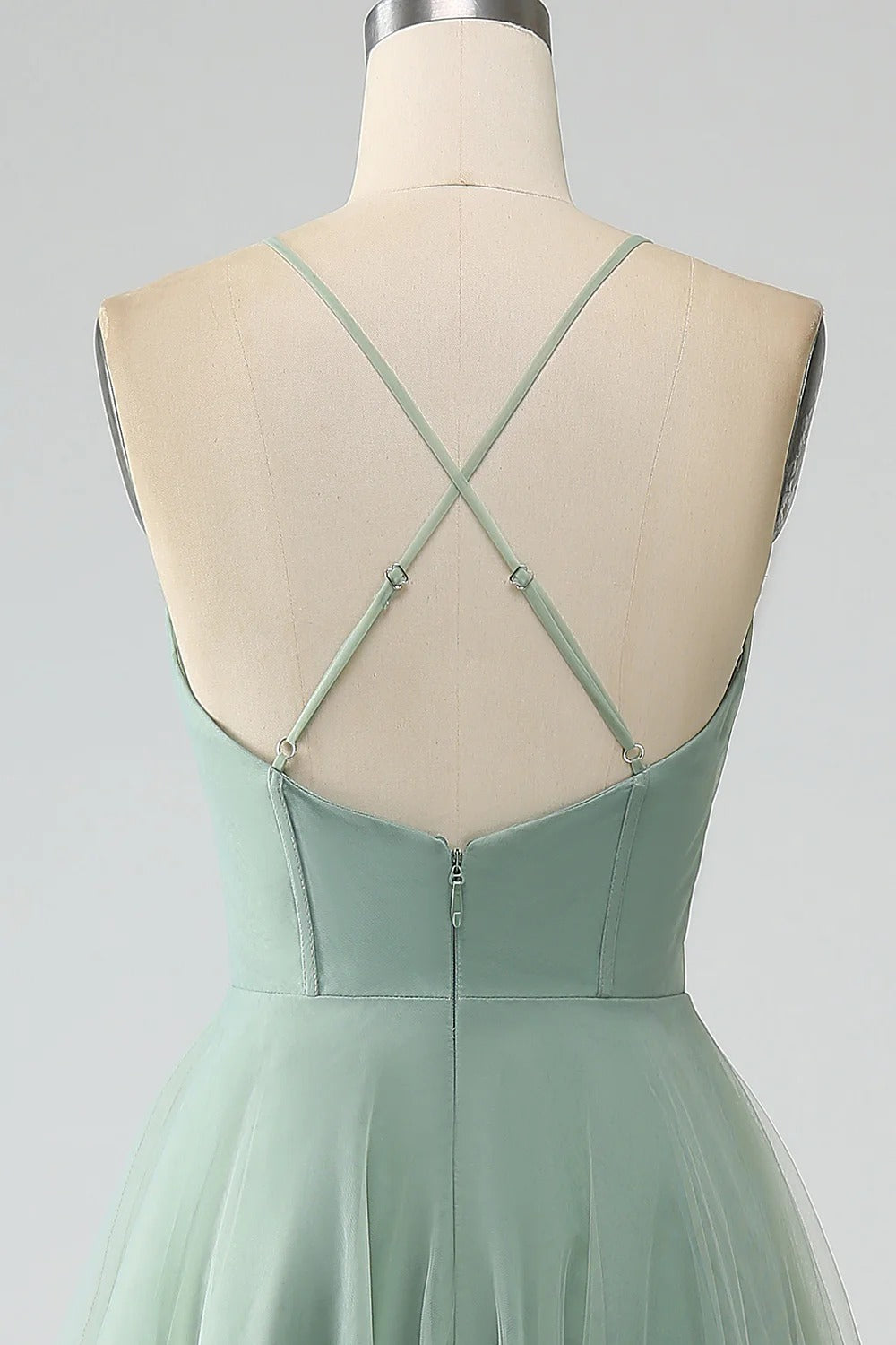 HEULORIA Sage Green Tea-Length Tulle Formal Dress - Frill Sweetheart Neckline & Corset Bodice Bridesmaid dresses ED-266