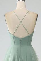 HEULORIA Sage Green Tea-Length Tulle Formal Dress - Frill Sweetheart Neckline & Corset Bodice Bridesmaid dresses ED-266