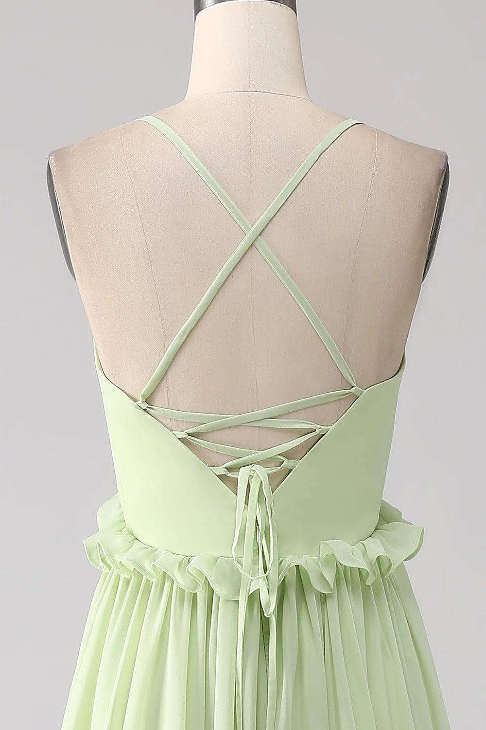 HEULORIA Sage Green Ruffled V-Neck Tiered Chiffon Maxi Dress with Lace-Up Back ED-375