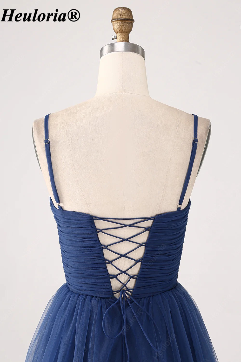 heuloria Navy Ruched Tiered Tulle A-Line Dress with Lace-Up Back-ed-548