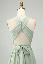 HEULORIA Dusty Sage Chiffon Criss-Cross Halter Bridesmaid Dress with Front Slit and Bow Back ED-256