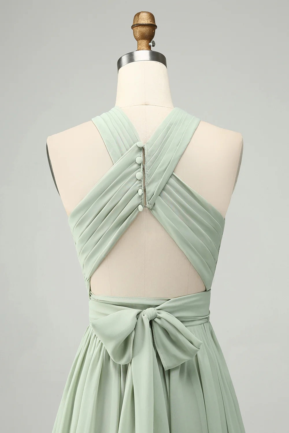 HEULORIA Dusty Sage Chiffon Criss-Cross Halter Bridesmaid Dress with Front Slit and Bow Back ED-256