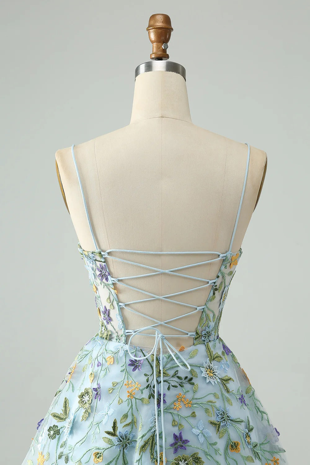 HEULORIA Enchanted Garden Sky Blue Floral Embroidered Short Homecoming Dress - Lace-up Back A-Line Mini Party Gown ED-590