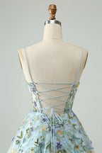 HEULORIA Enchanted Garden Sky Blue Floral Embroidered Short Homecoming Dress - Lace-up Back A-Line Mini Party Gown ED-590
