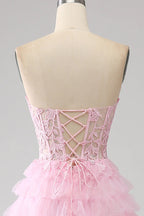HEULORIA Enchanting Pink Tiered Ruffle Prom Dress - Sweetheart Strapless Lace-Up Ball Gown ED-355