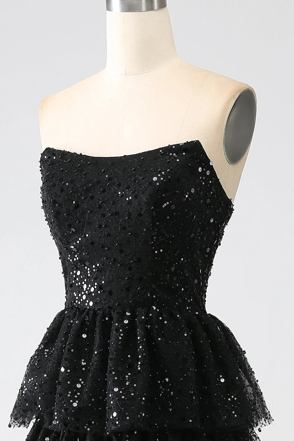 HEULORIA Sparkling Black Sequin Tiered Evening Gown - Strapless Layered Tulle Formal Dress ED-234