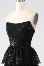 HEULORIA Sparkling Black Sequin Tiered Evening Gown - Strapless Layered Tulle Formal Dress ED-234