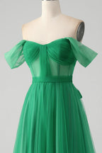 HEULORIA Emerald Green Off-the-Shoulder Tulle Gown - Corset Bodice A-Line Evening Dress ED-262