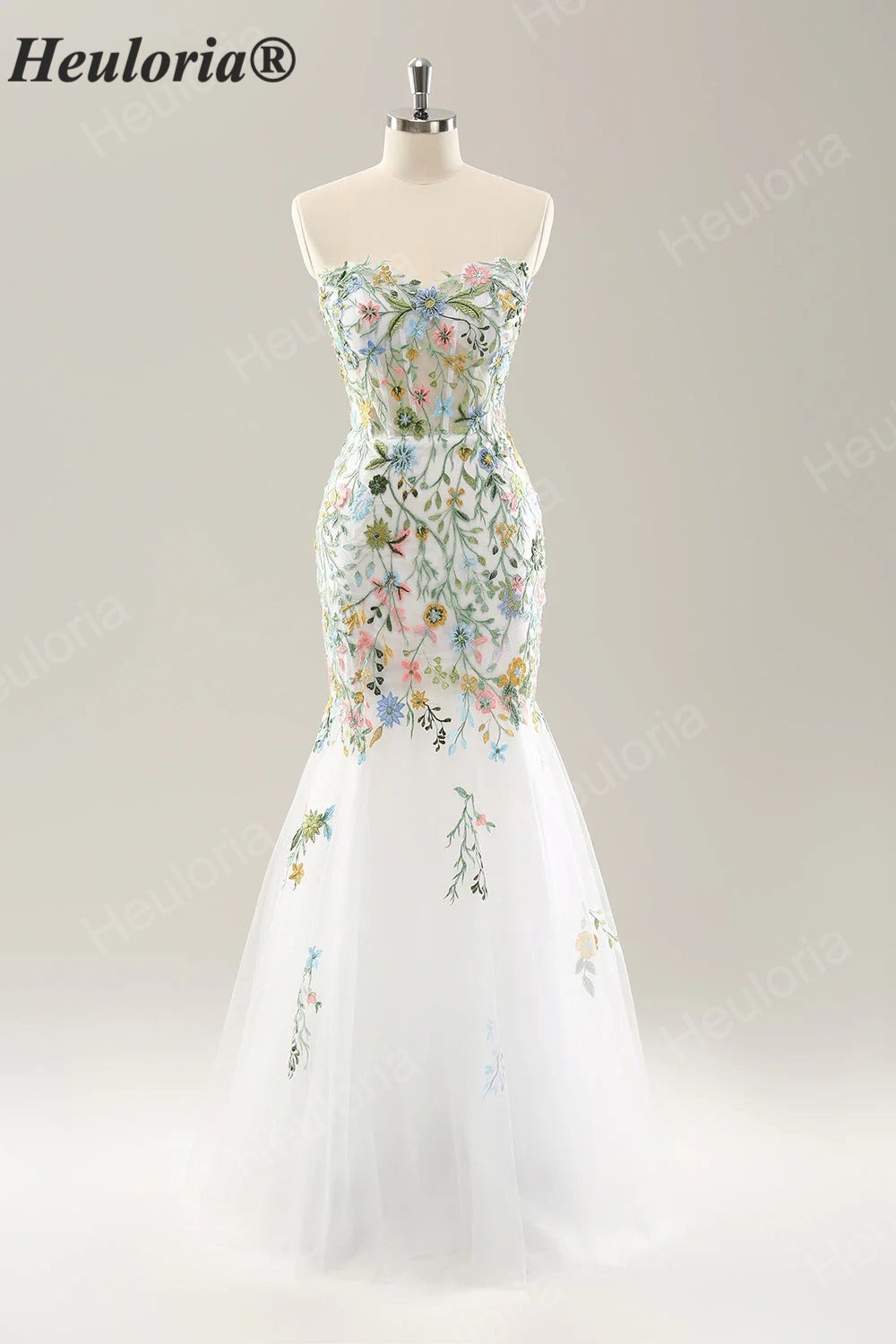 Heuloria Multicolor Floral Embroidered Off-the-Shoulder Tulle Mermaid Evening Dress ED-612