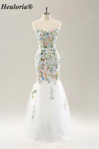 Heuloria Multicolor Floral Embroidered Off-the-Shoulder Tulle Mermaid Evening Dress ED-612
