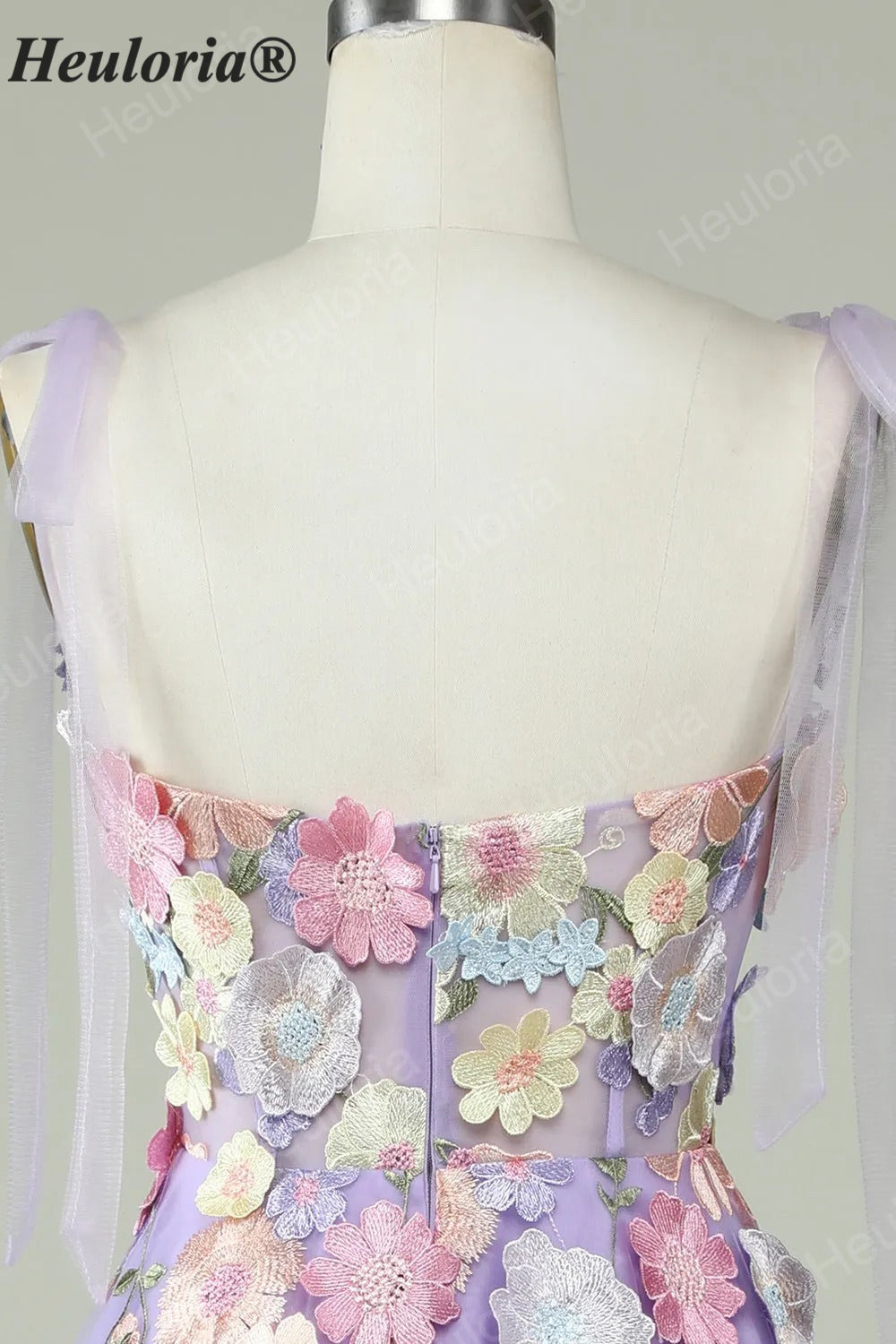 HEULORIA Enchanting Lavender 3D Floral Appliqué Tea-Length Prom Dress with Tulle Bow Straps ED-682