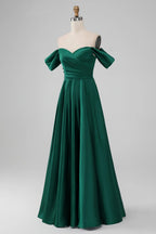 HEULORIA Elegant Off-The-Shoulder Pleated Satin Gown - Sweetheart Neckline A-Line Formal Evening Dress ED-232