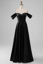 HEULORIA Elegant Off-The-Shoulder Pleated Satin Gown - Sweetheart Neckline A-Line Formal Evening Dress ED-232