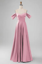 HEULORIA Elegant Off-The-Shoulder Pleated Satin Gown - Sweetheart Neckline A-Line Formal Evening Dress ED-232