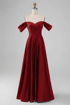 HEULORIA Elegant Off-The-Shoulder Pleated Satin Gown - Sweetheart Neckline A-Line Formal Evening Dress ED-232